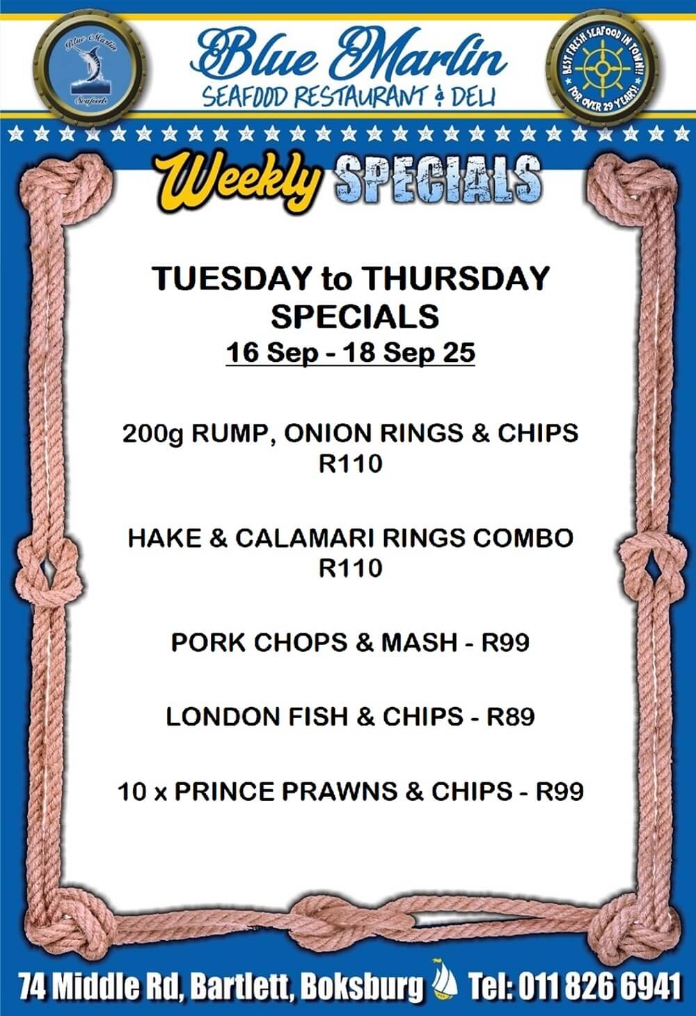 Blue Marlin Seafood Restaurant Boksburg Special Offers